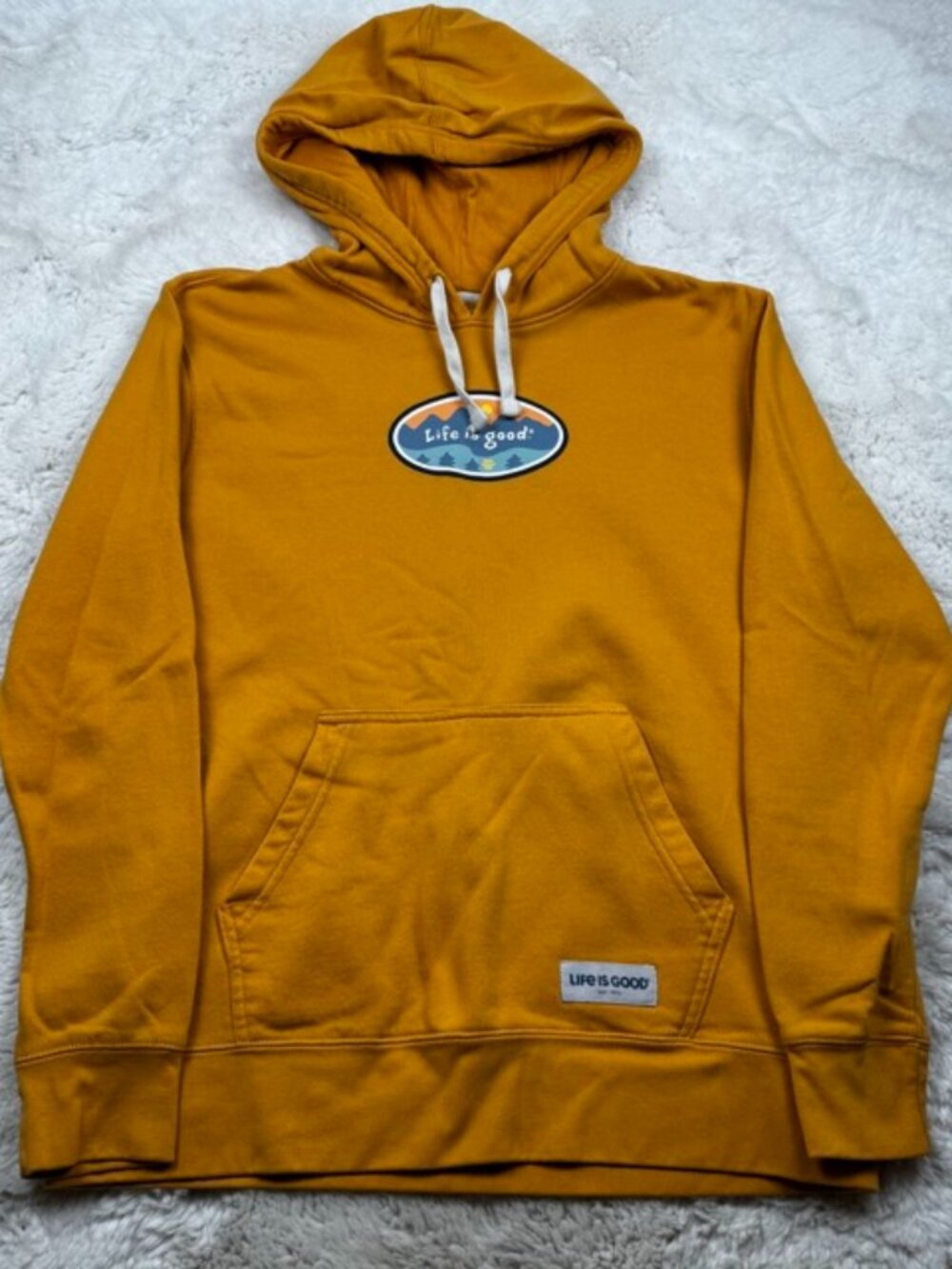 Life is Good Men's Hoodie Mustard Yellow Graphic Long Sleeve Pullover Size M